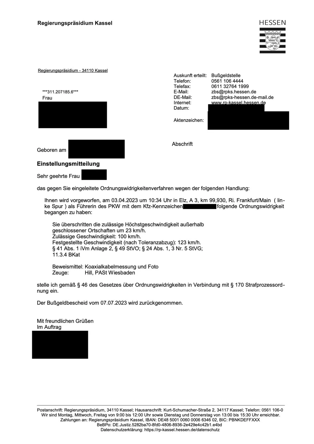 Einstellungsmitteilung des Regierungspräsidiums: Bußgeldbescheid wegen 23 km/h auf der A3 zurückgenommen