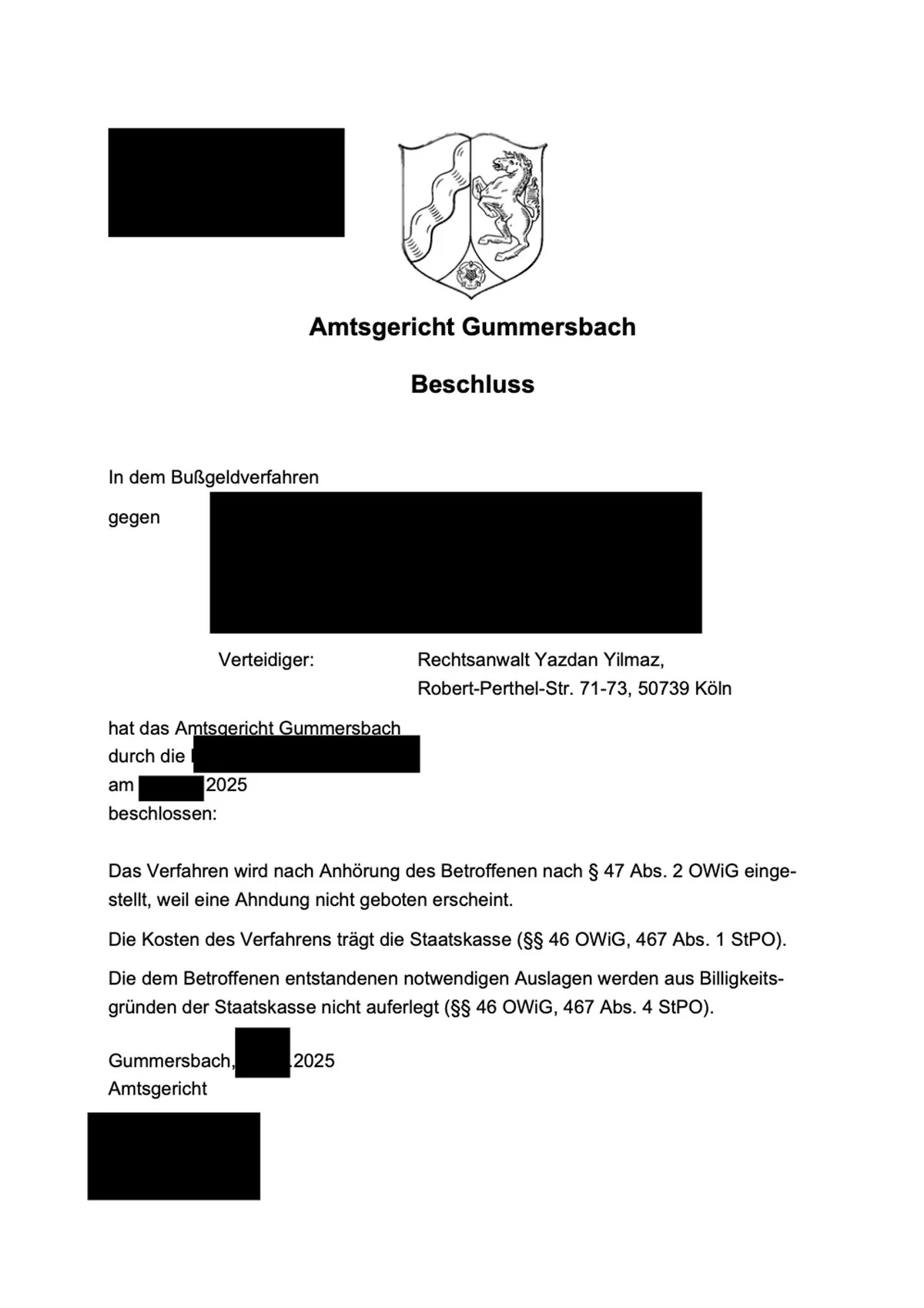 Beschluss des Amtsgerichts Gummersbach: Einstellung des Bußgeldverfahrens nach § 47 Abs. 2 OWiG